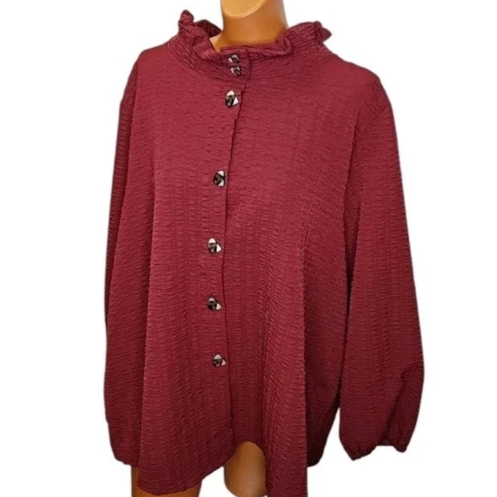 Niche Nilgun Derman Lagenlook Pucker Jacket Sz 1X Burgundy Guitar Pick Buttons